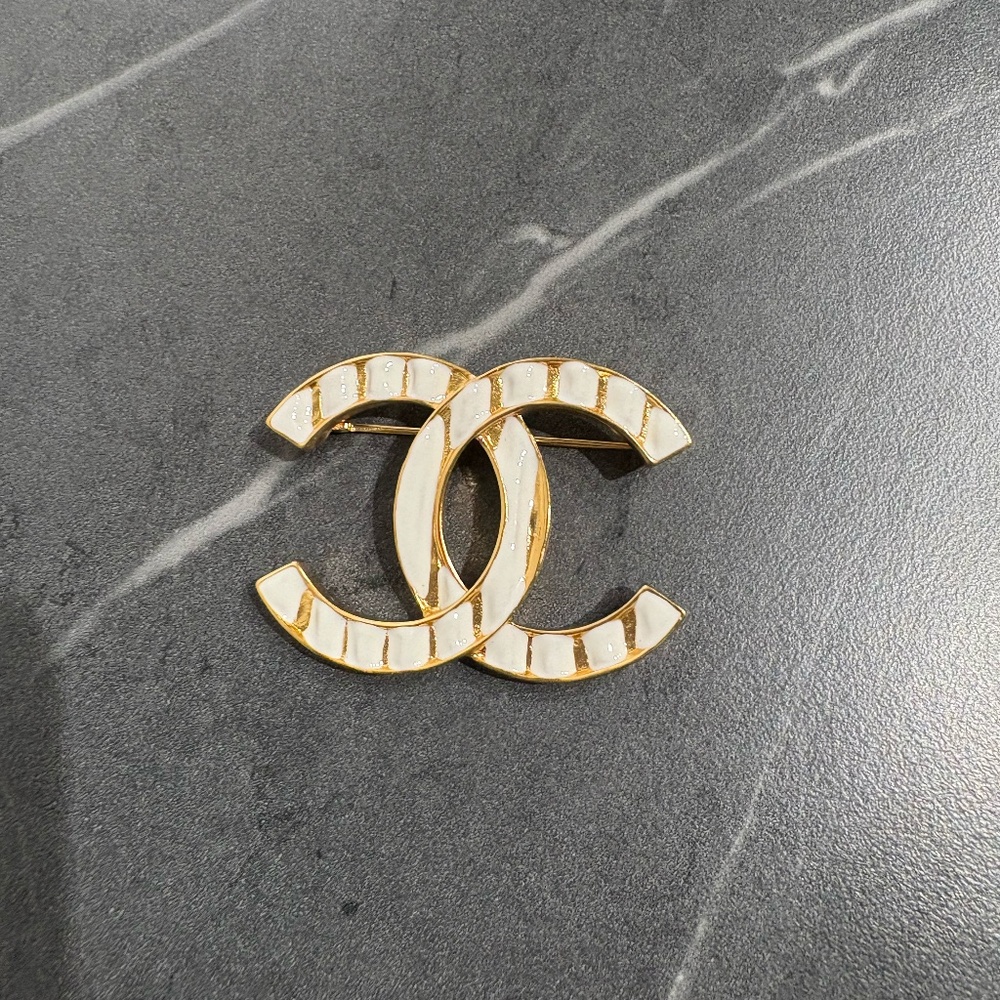CHANEL Large White Strips Golden CC Logo Metal Brooch Pin 23C